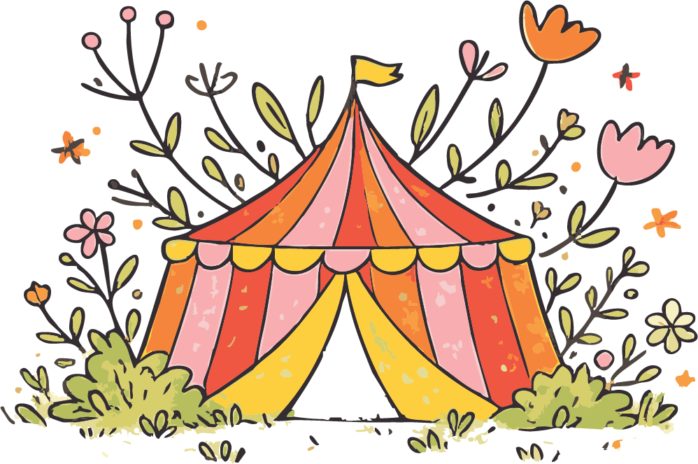 Circus tent illustration with flowers and butterflies — Malvern Primary Spring Fair 2026